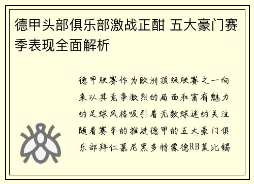德甲头部俱乐部激战正酣 五大豪门赛季表现全面解析