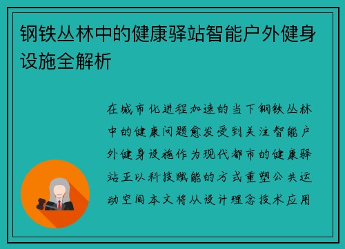钢铁丛林中的健康驿站智能户外健身设施全解析
