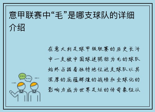 意甲联赛中“毛”是哪支球队的详细介绍