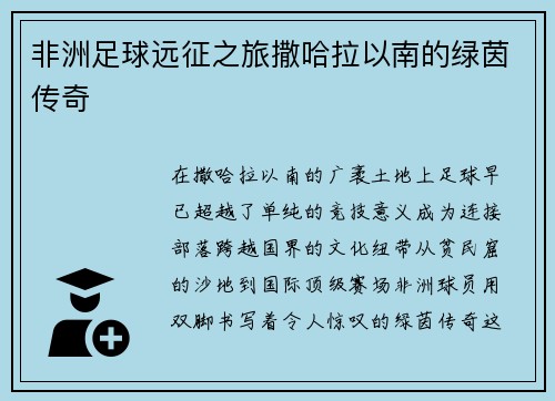 非洲足球远征之旅撒哈拉以南的绿茵传奇